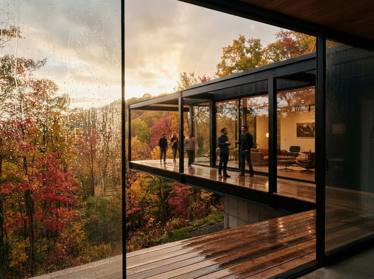 A modern house seen through rain-dropped glass surrounded by autumn trees at sunset.