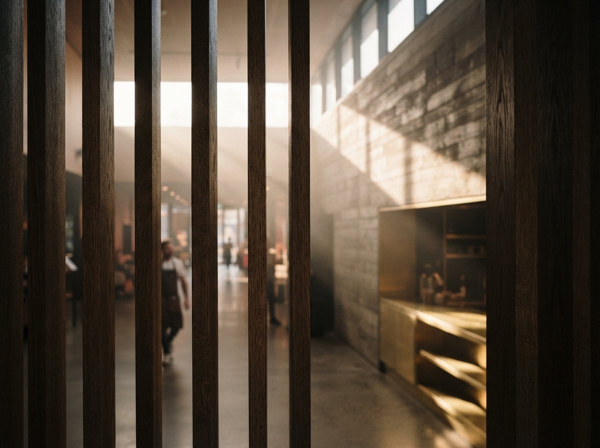 A macro view through vertical wooden slats looking into a sunlit concrete atrium during a foggy morning.