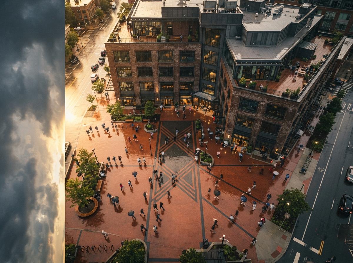 A top-down drone photograph of a wet stone plaza outside a mixed-use building during a clearing storm.