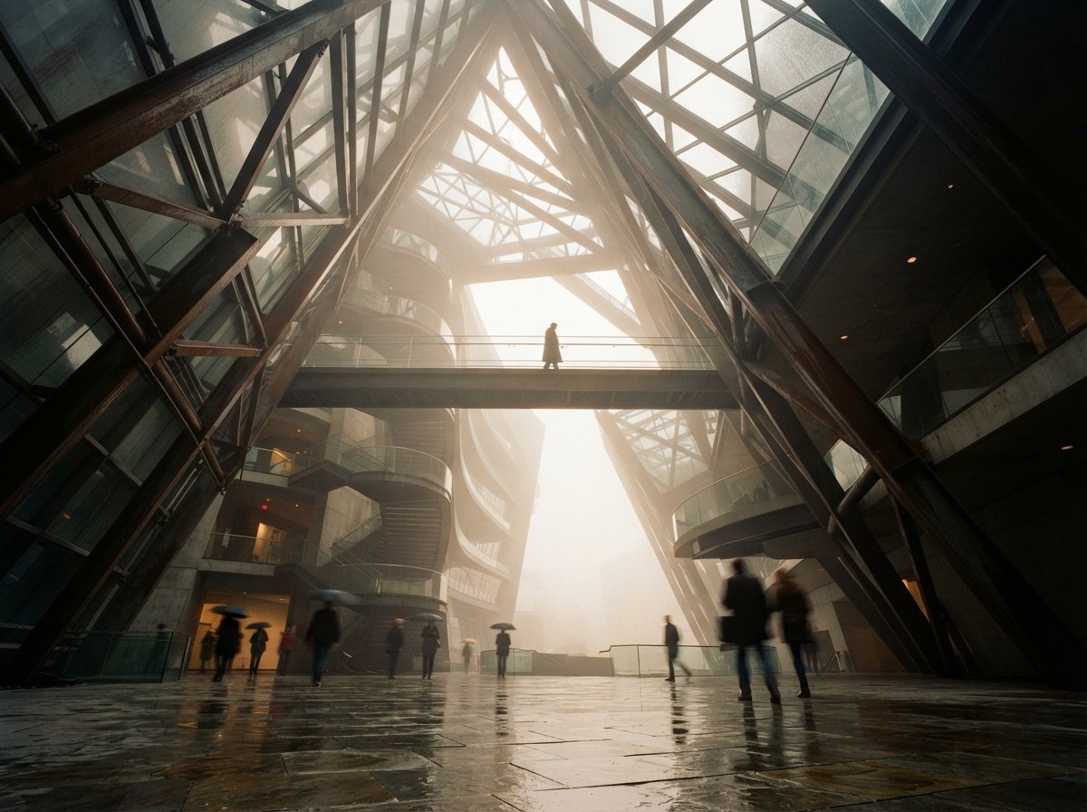 A worm's-eye view looking up at a steel and glass museum atrium rising into dense dawn fog.