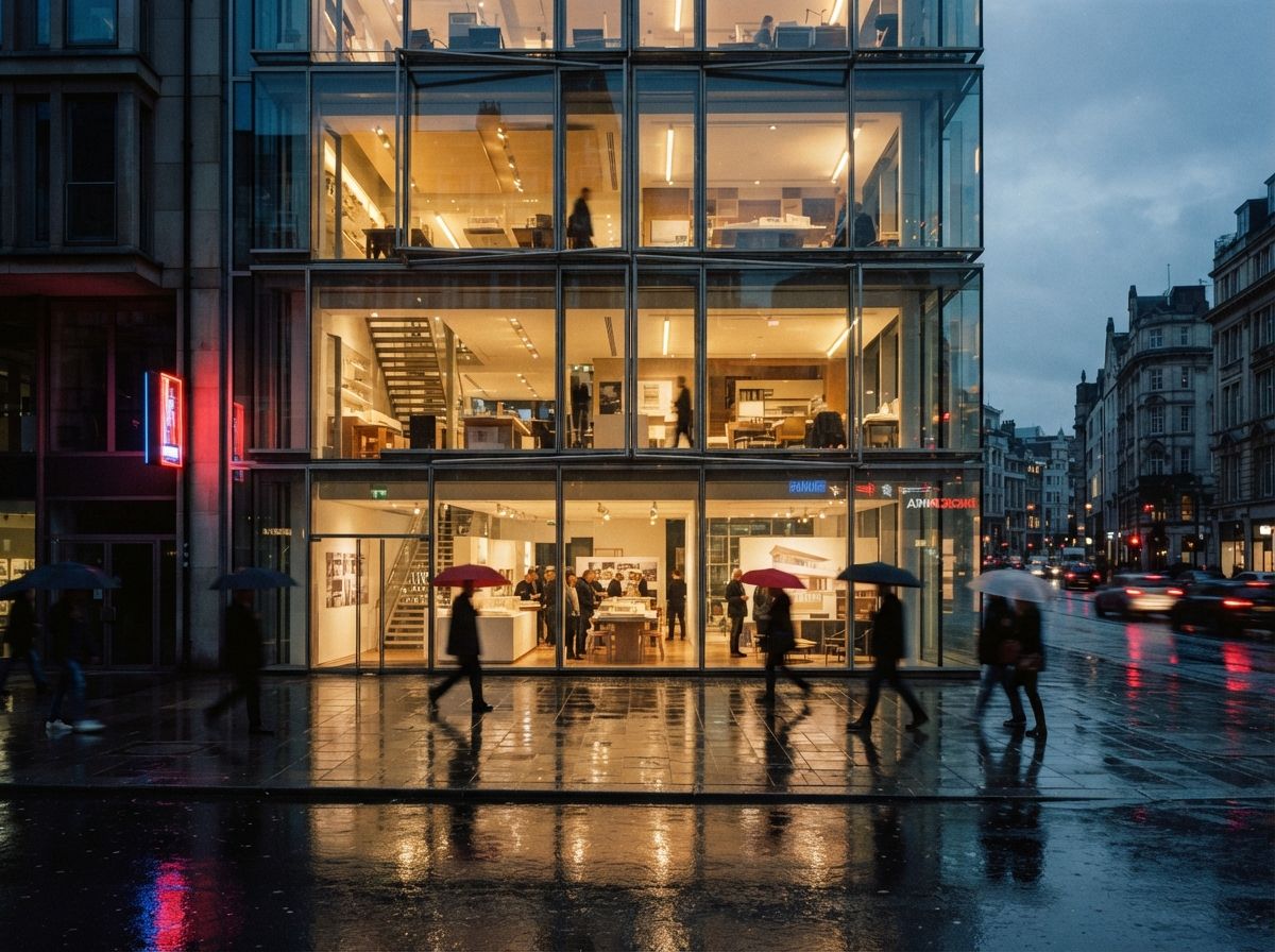 A rain-slicked city street reflecting vibrant neon lights outside a modern glass architectural showroom.