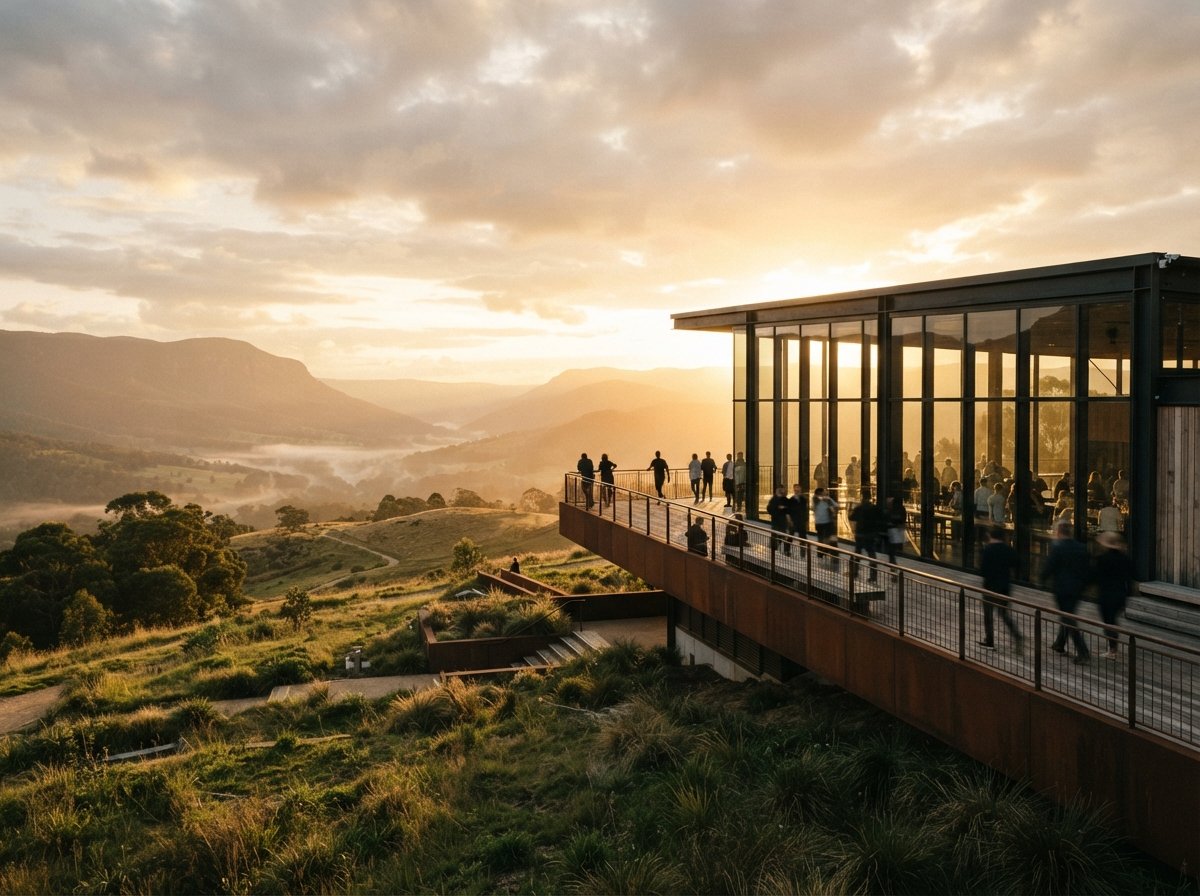A modern glass pavilion situated on a grassy hill overlooking a valley during golden hour.