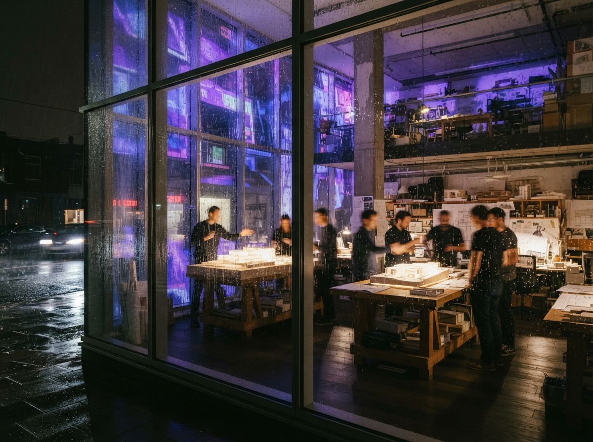 A night photograph through wet glass looking at a projection-mapped building facade and silhouetted figures within.