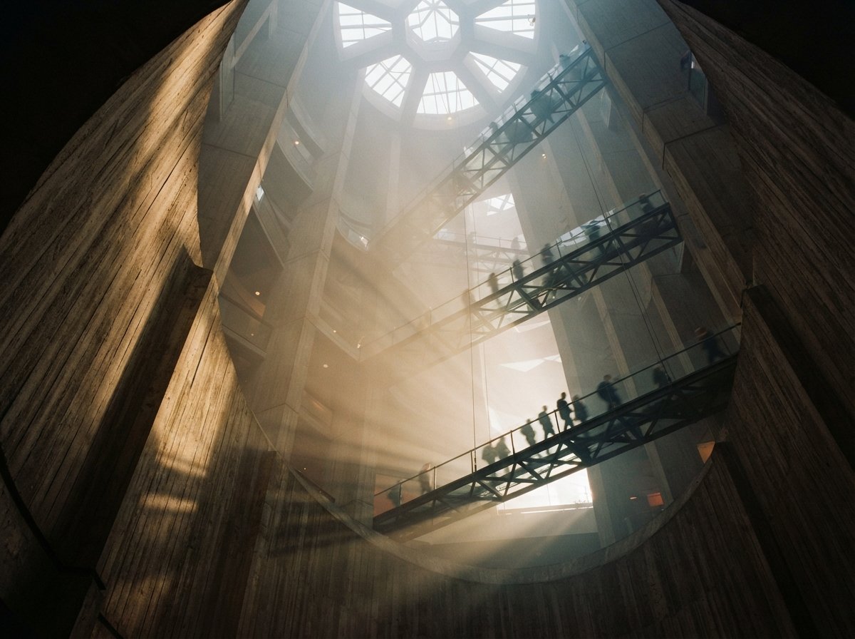A worm's-eye view looking up a tall concrete atrium filled with morning fog and sharp light shafts.