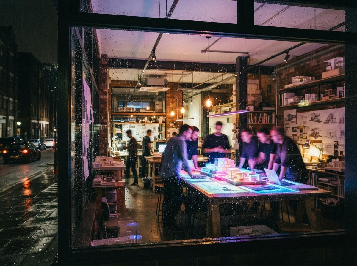 A view through raindrops on glass into an illuminated architectural studio at night bathed in neon light.