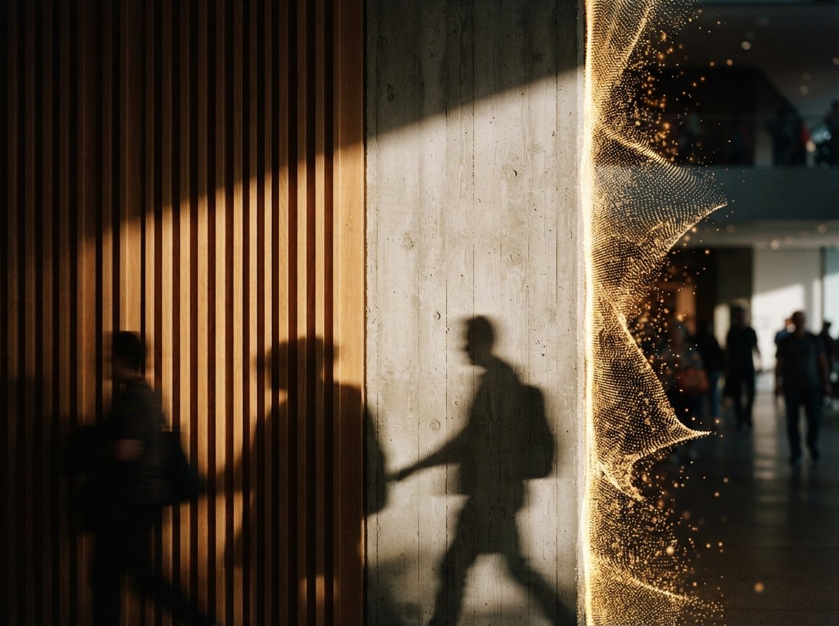 Macro detail of fluted wood and concrete wall transitioning into a digital point-cloud mesh.