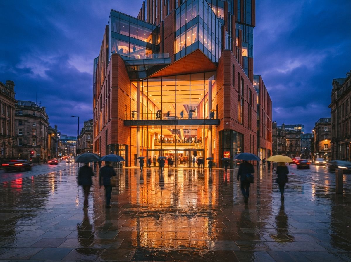 A rain-washed city street at dusk in front of a glowing modern glass building.