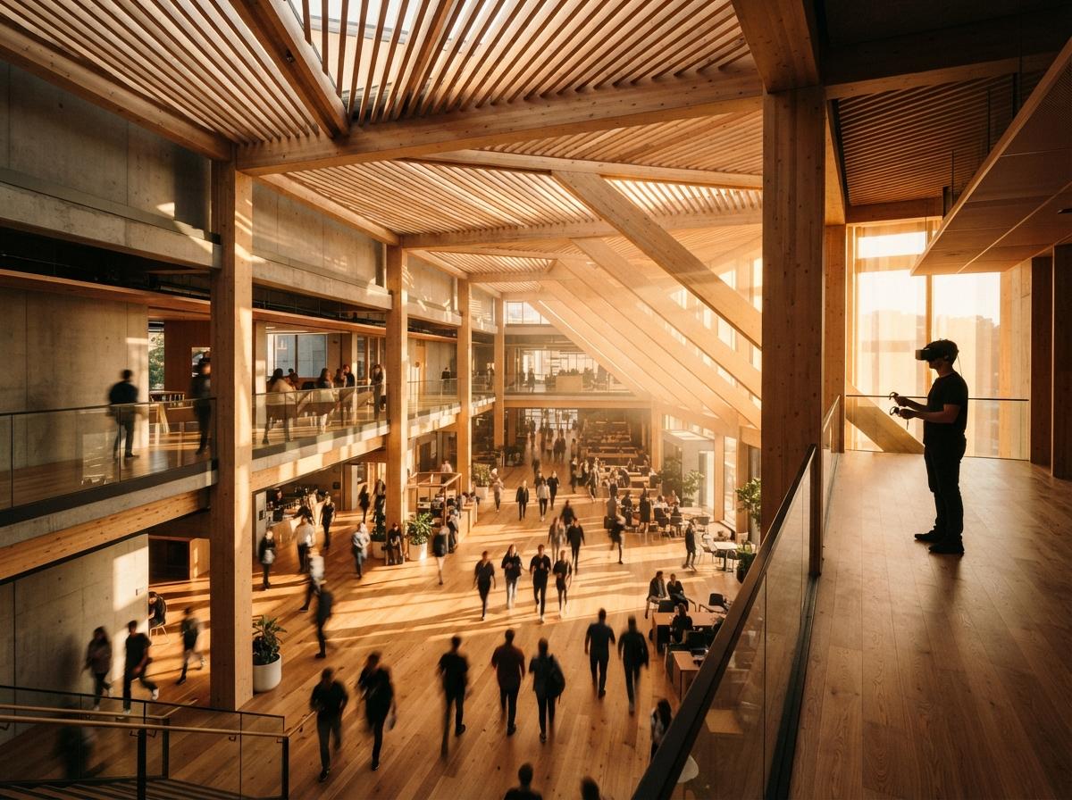 An expansive modern building atrium bathed in golden hour light with a person testing a VR headset on an upper deck.