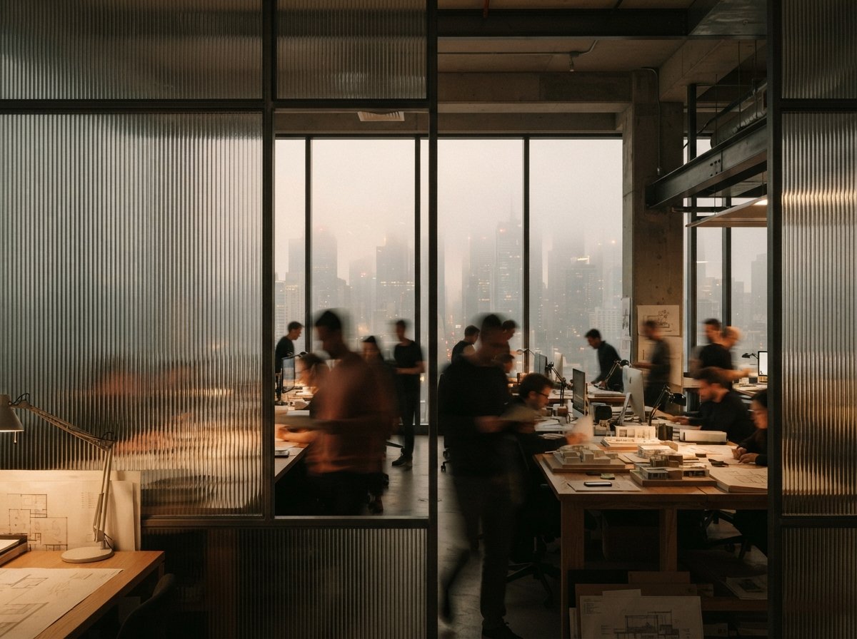 A view through reeded glass into an architectural studio during a foggy dawn.