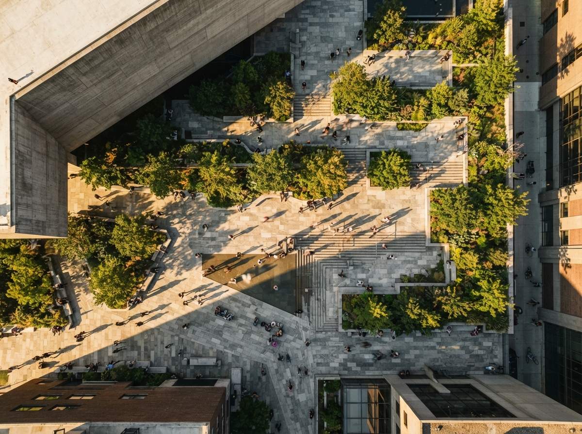An overhead drone view of an urban plaza with sharp shadows and terraced landscaping.