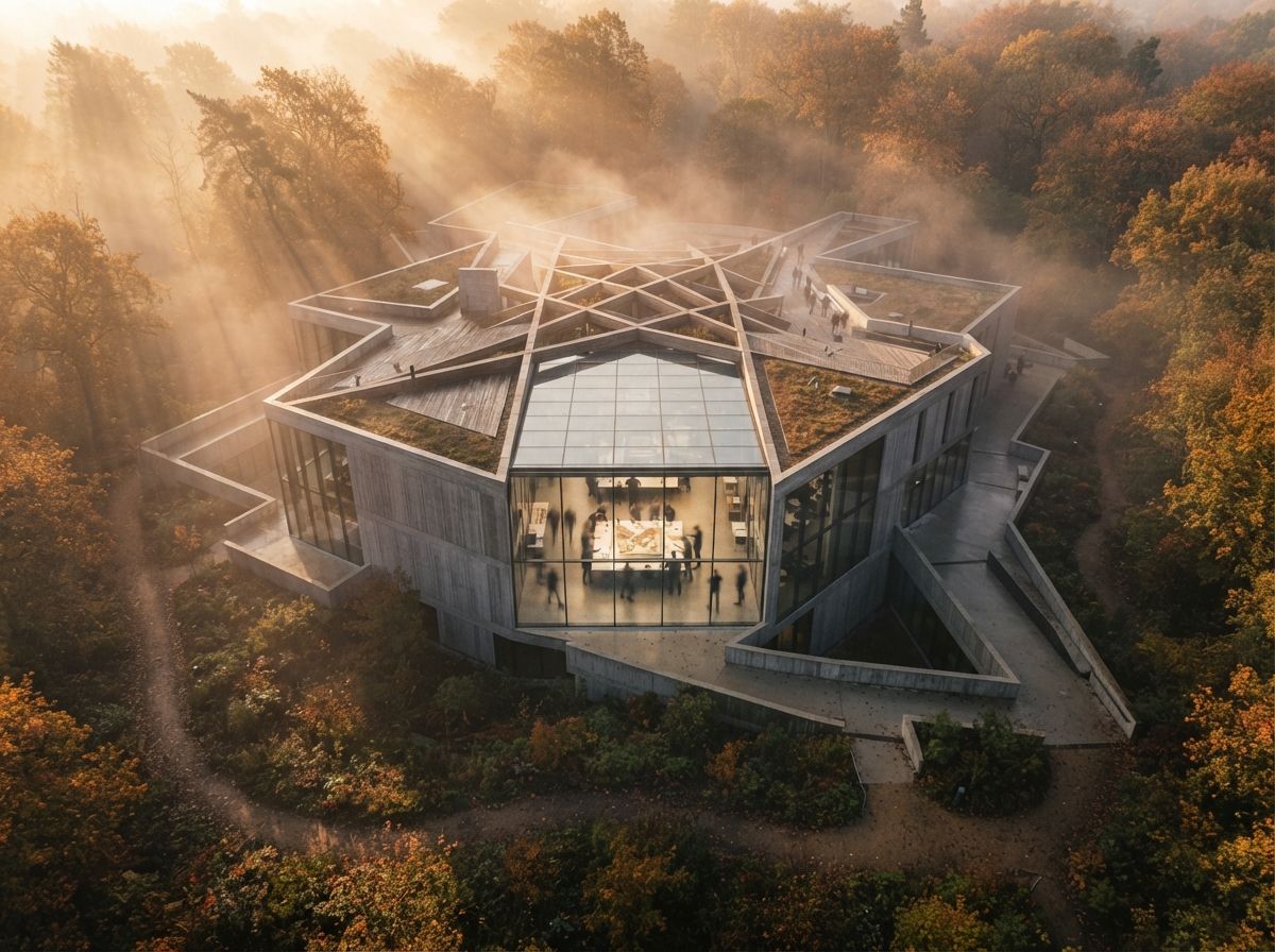 Top-down aerial view of a modern forest architectural studio surrounded by early morning fog.