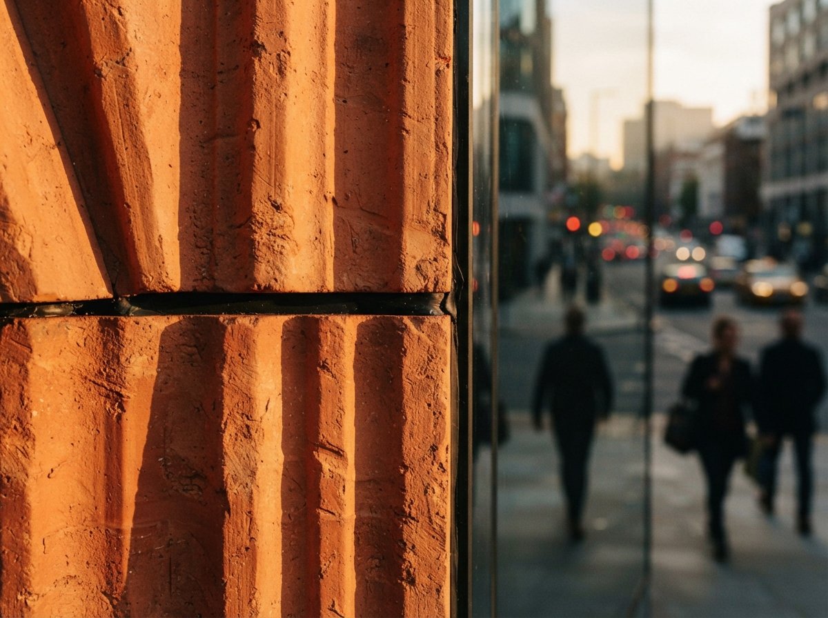 Macro view of textured terracotta building facade reflecting city motion in adjoining glass.