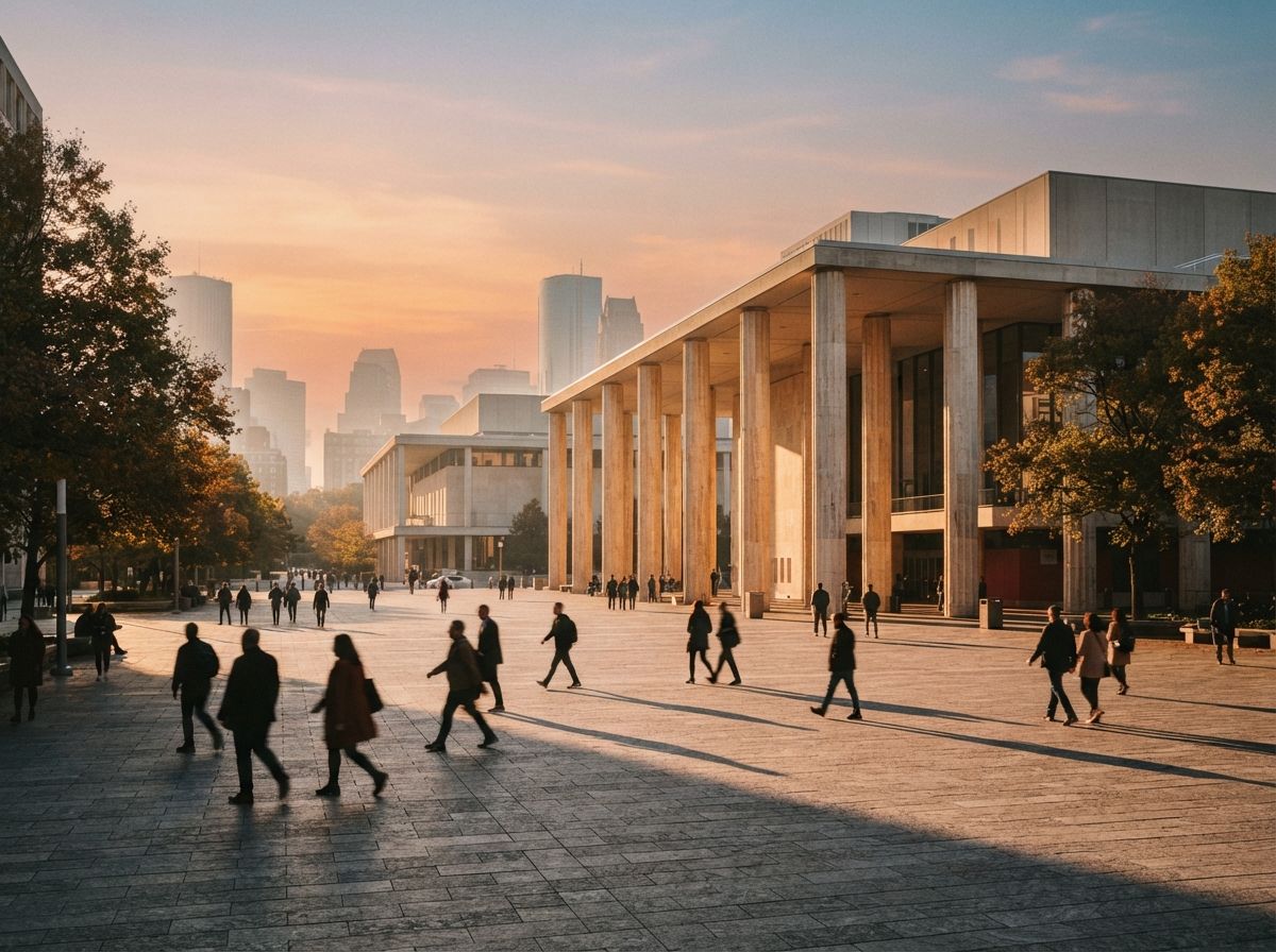 A limestone plaza at golden hour with long shadows cast by walking pedestrians.