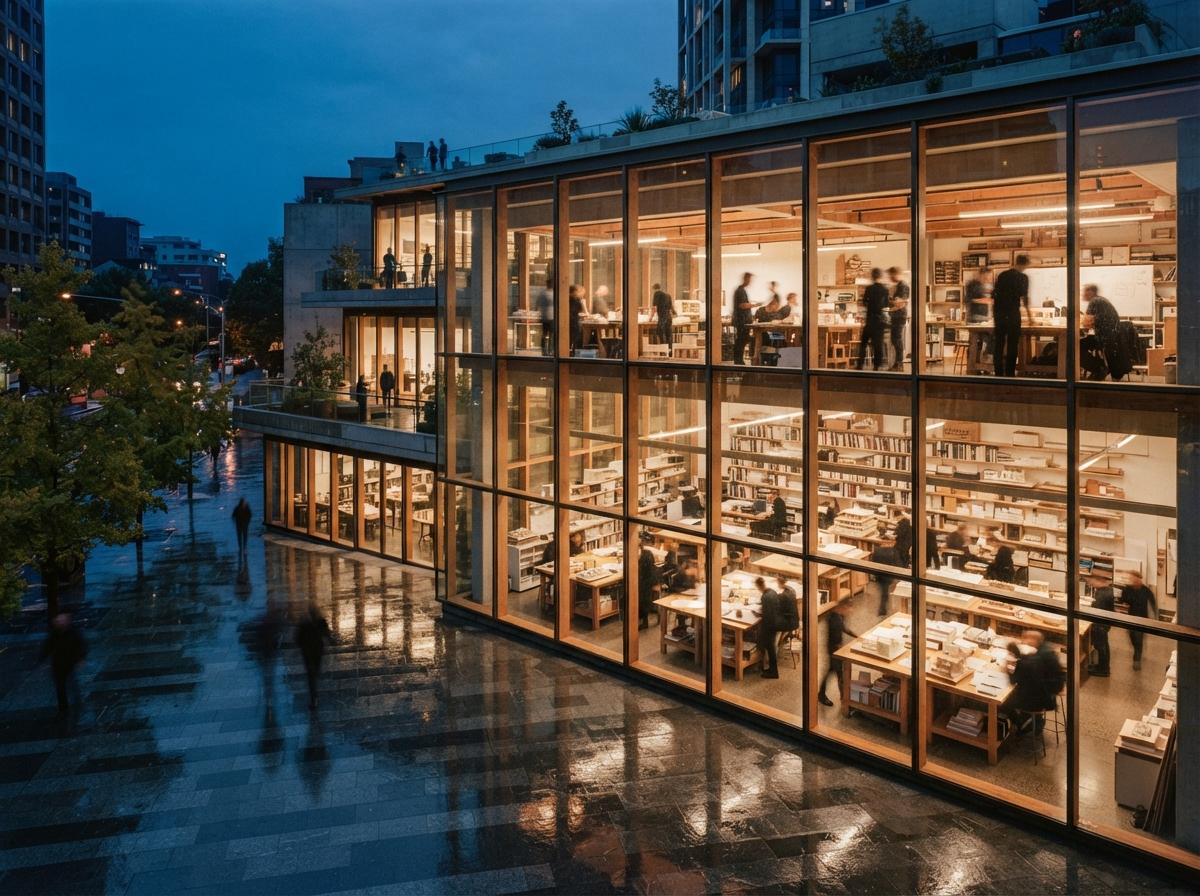 A dusk view of a glass architectural studio reflecting warm interior light on wet pavement.