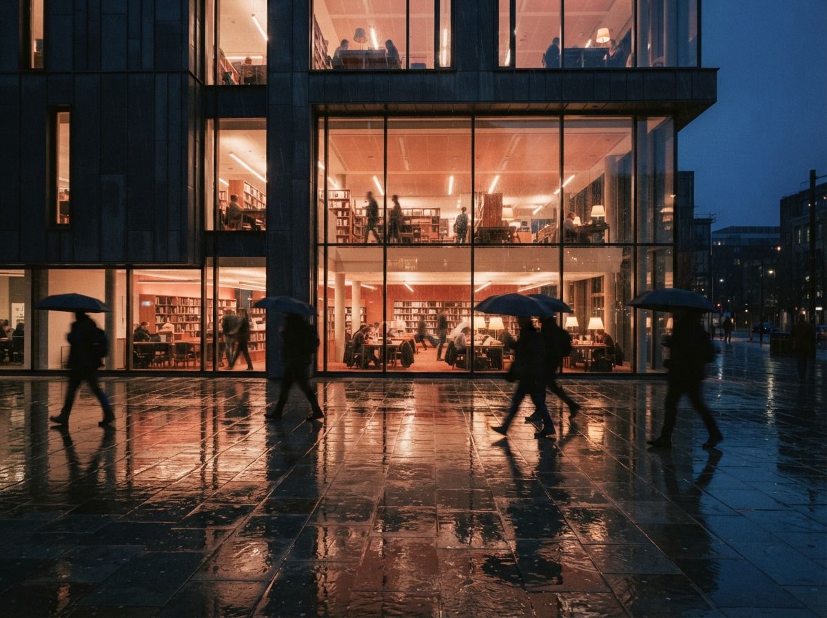A glass architectural facade glowing with warm interior light reflects onto a rain-slicked street at dusk.