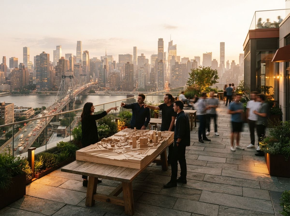 Architect silhouettes gather around a physical model on a sunlit rooftop terrace overlooking a city skyline.
