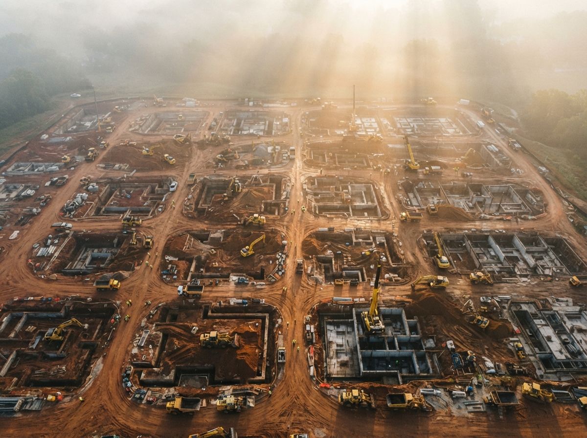 An overhead drone view of an active construction site covered in dawn fog with light shafts breaking through.