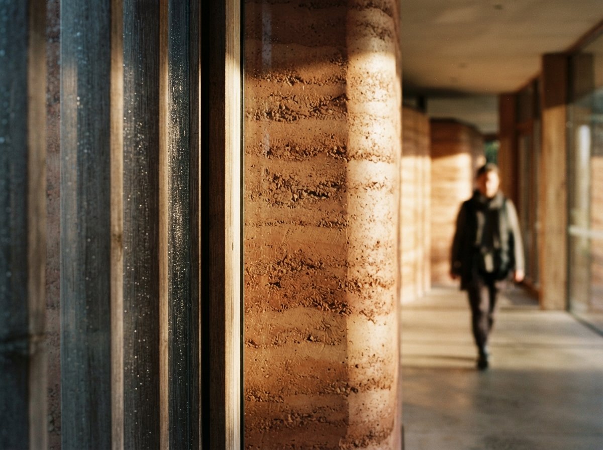 A macro view through timber louvers and glass showing raking sunlight on a rammed earth interior wall.