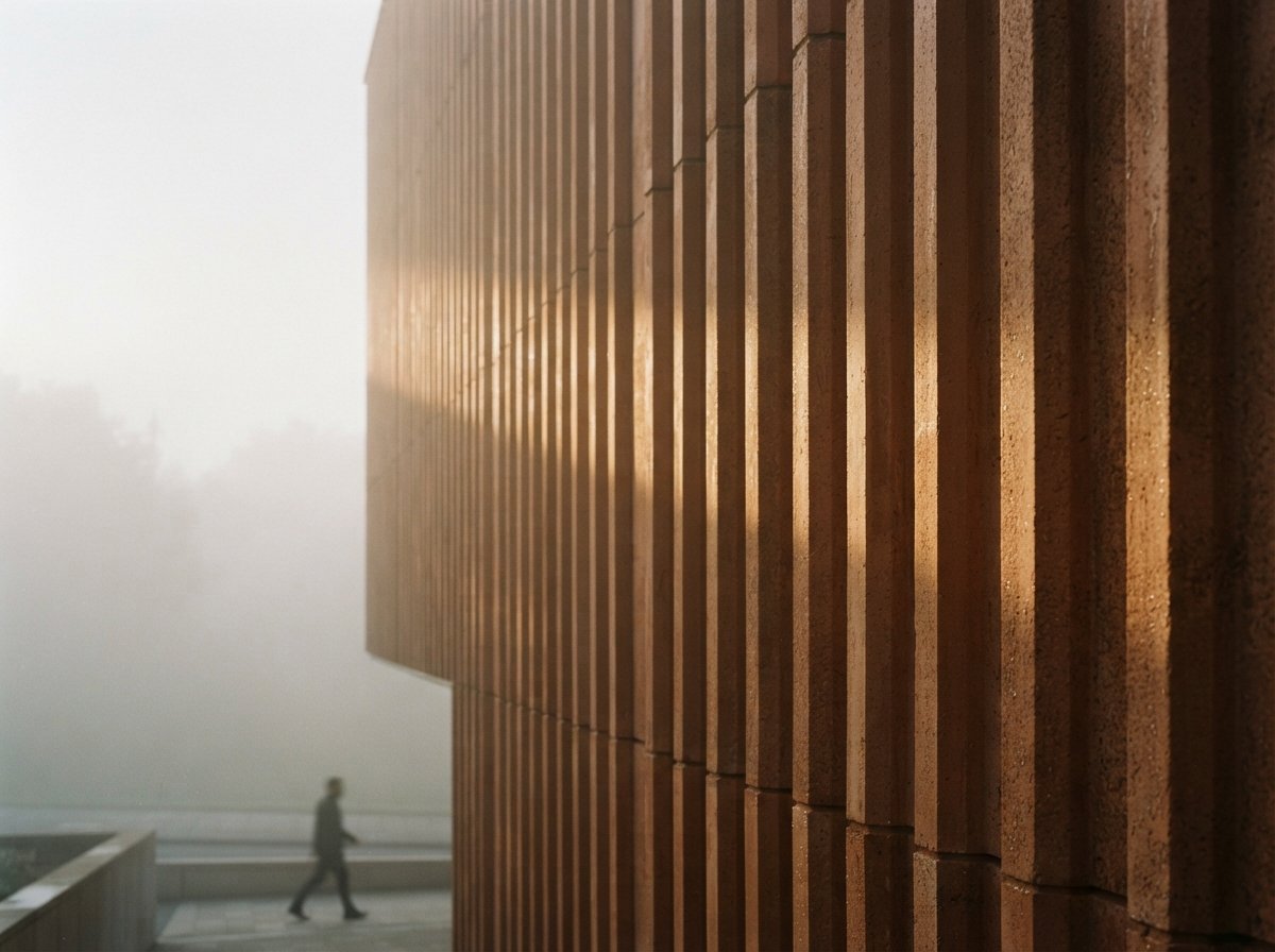 Raking morning sunlight casts steep linear shadows across a textured terracotta facade in fog.