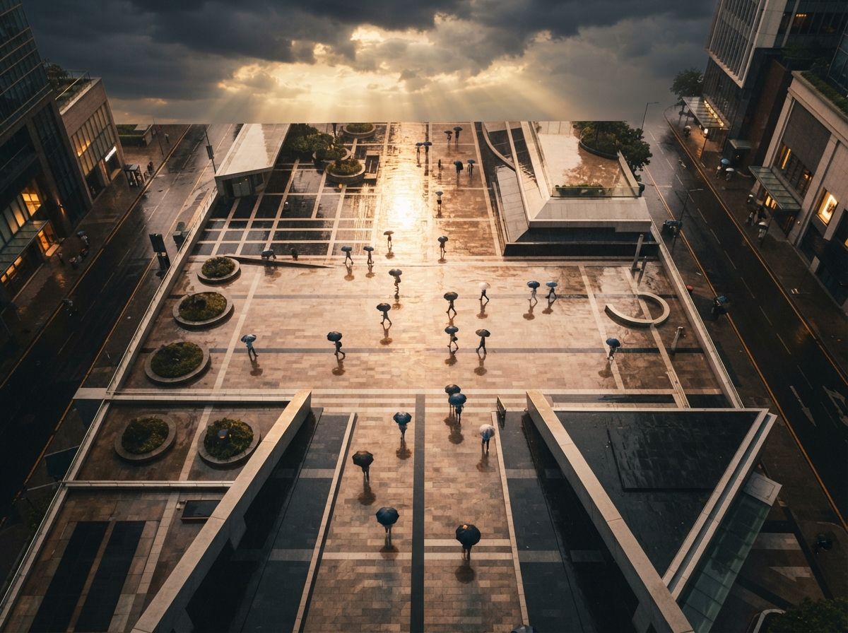A top-down aerial view shows pedestrians crossing a wet stone plaza reflecting sunlight through storm clouds.