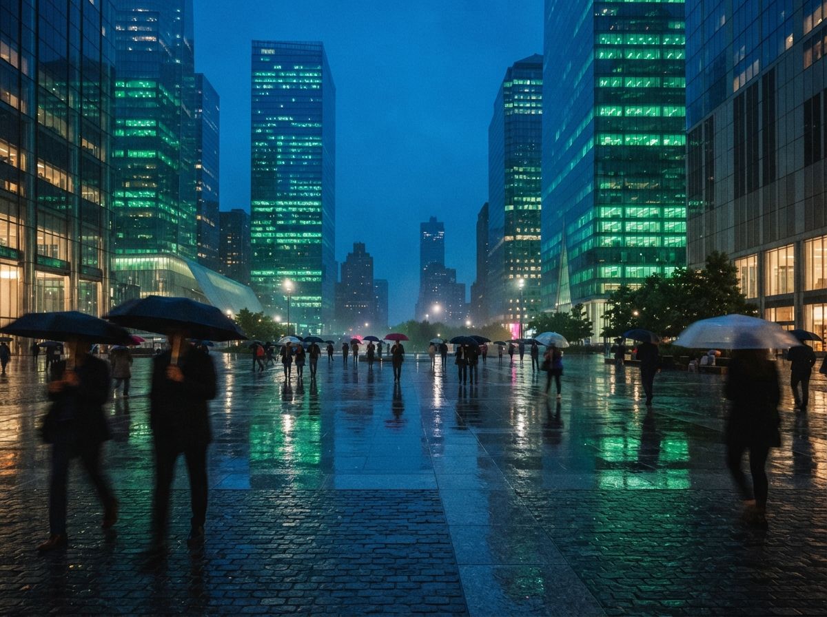 Pedestrians cross a rain-slicked plaza surrounded by glowing glass skyscrapers at dusk.