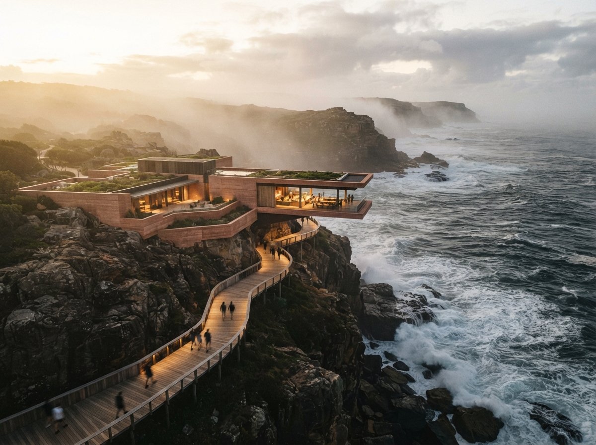 A cantilevered terracotta structure sits along a misty cliffside overlooking ocean waves at sunrise.