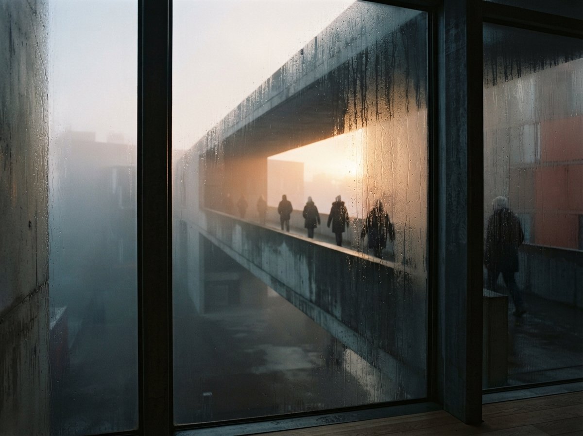 A foggy morning view framed through rain-beaded glass shows pedestrians walking on an elevated concrete bridge.