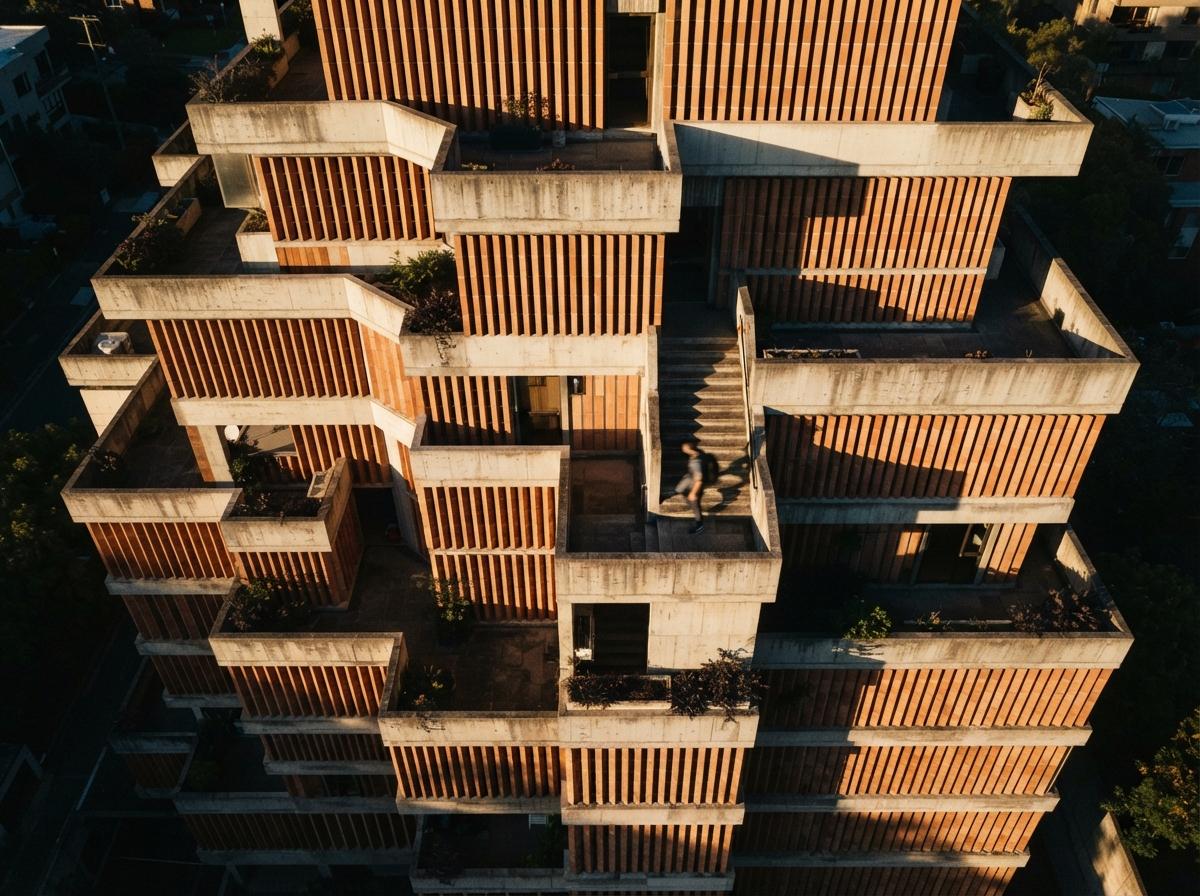 A top-down photograph shows a terraced architectural facade casting steep shadows under low sunlight.