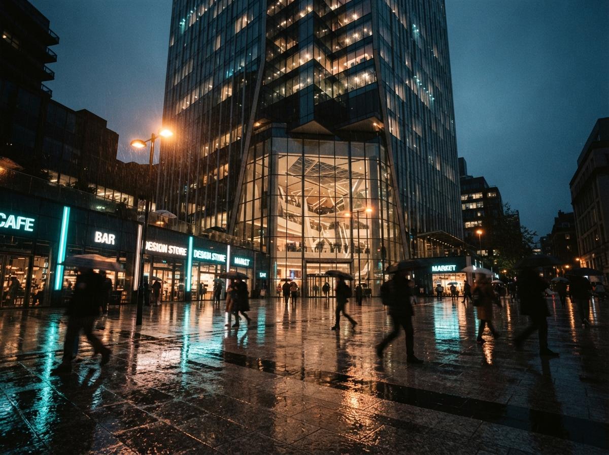 A rain-slicked city plaza reflects vibrant storefront lights and passing pedestrians at dusk.