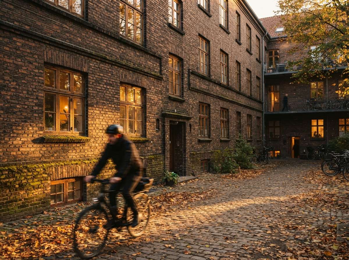 A golden-hour close-up shows weathered brick texture and fine architectural details along a residential courtyard.