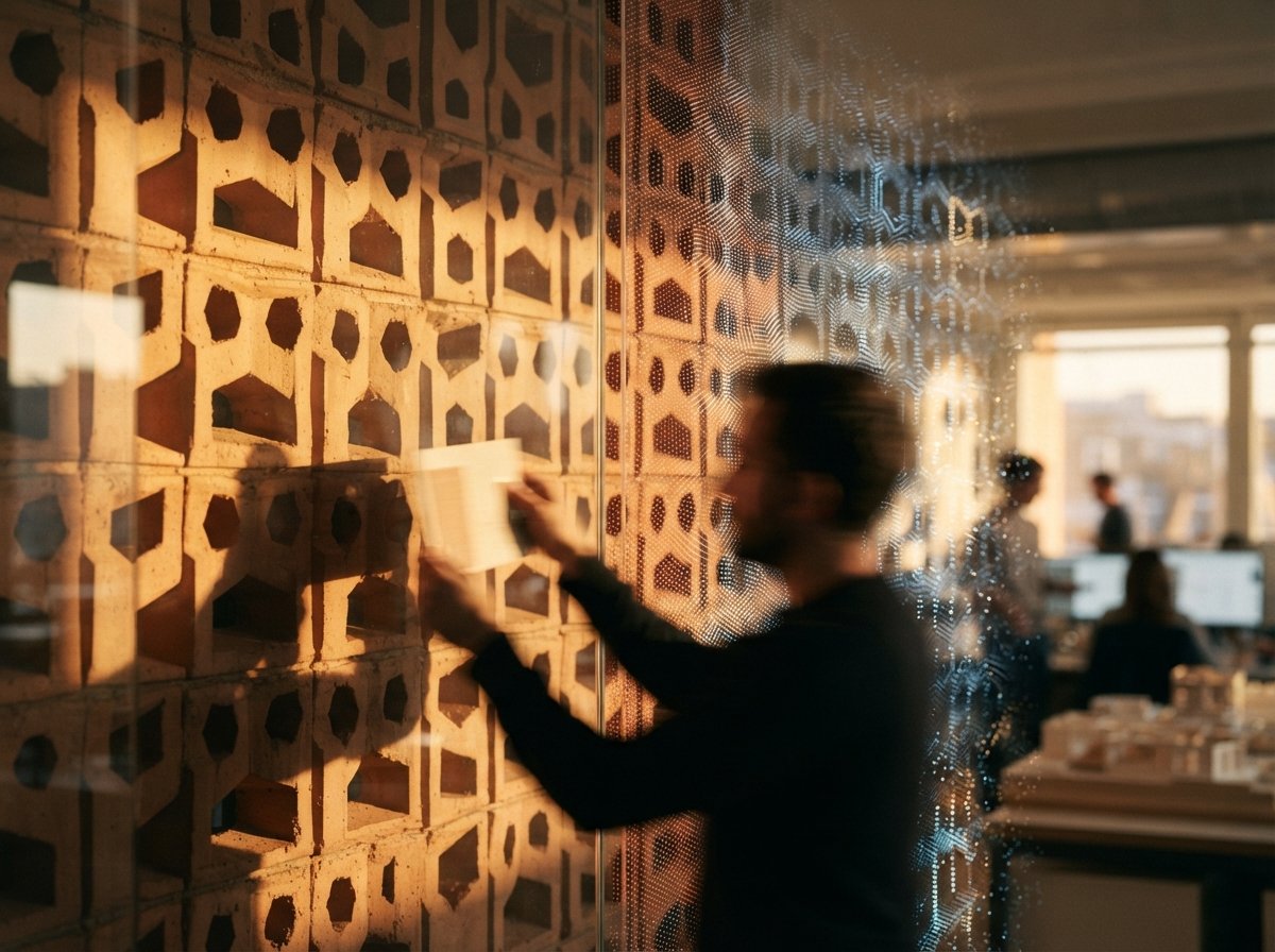 A macro detail of a textured terracotta facade transitioning into a digital point-cloud at the edge.