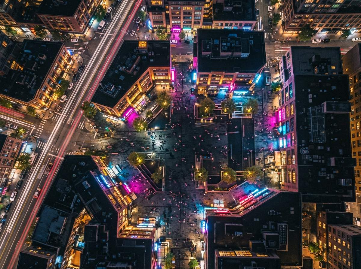 A top-down aerial drone view of an illuminated urban mixed-use plaza at midnight.