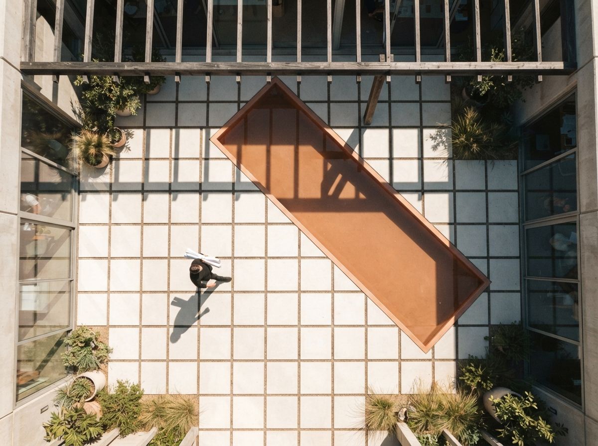 A top-down aerial photograph of an architect walking across a bright concrete studio courtyard with long shadows.