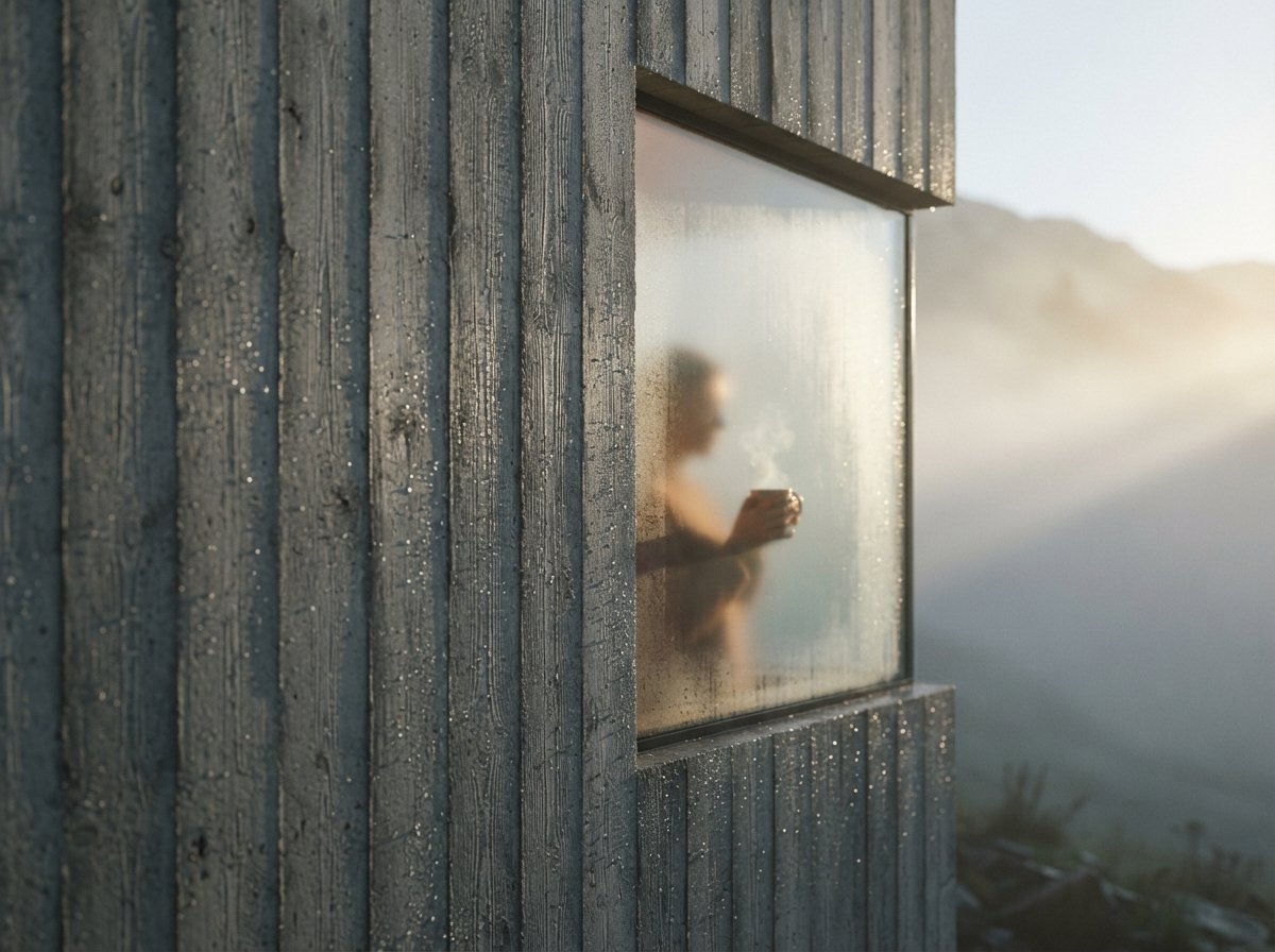 A close-up view of textured board-formed concrete and glass enveloped in morning mountain fog.