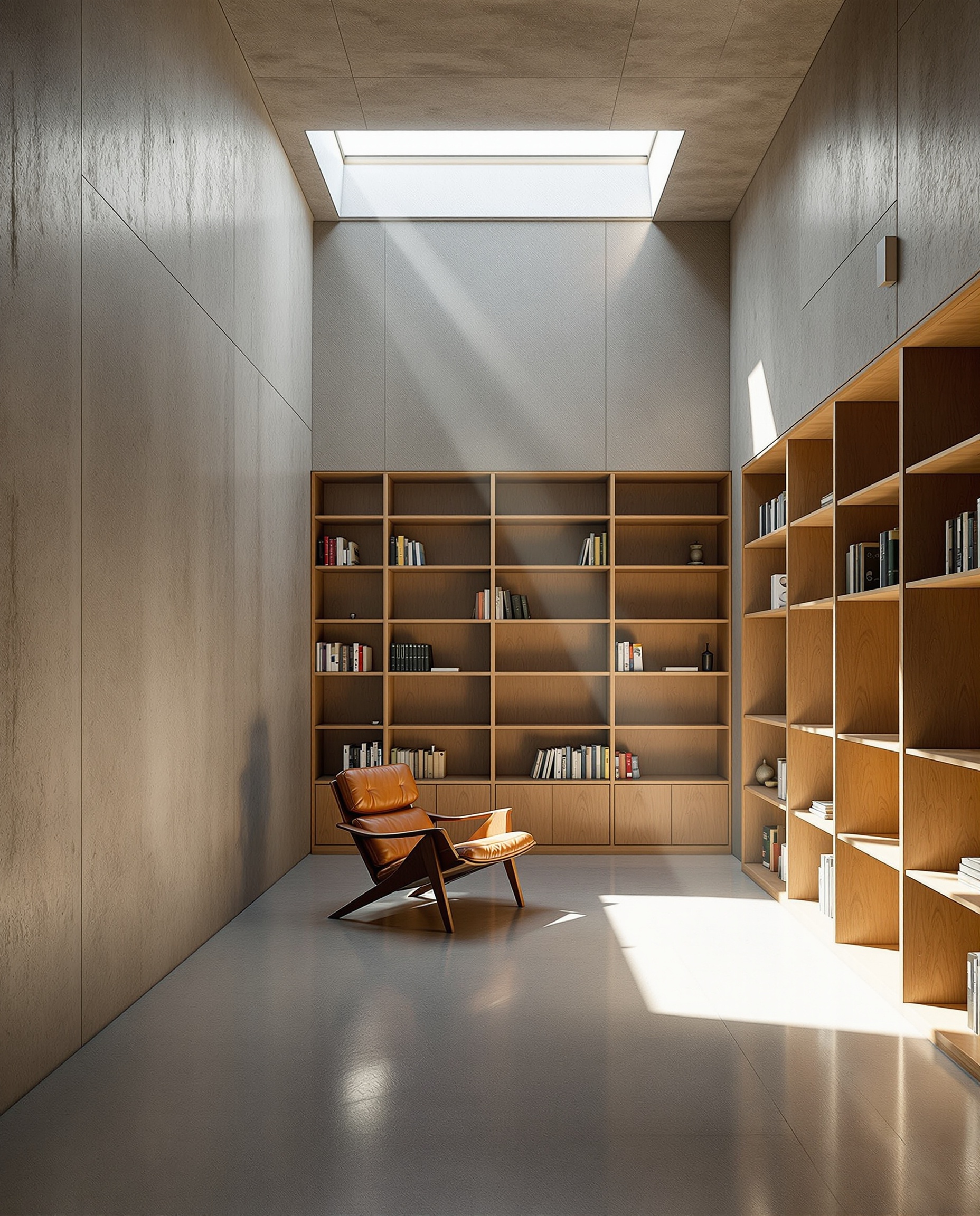 Minimalist open-plan living room with concrete floor and pool view