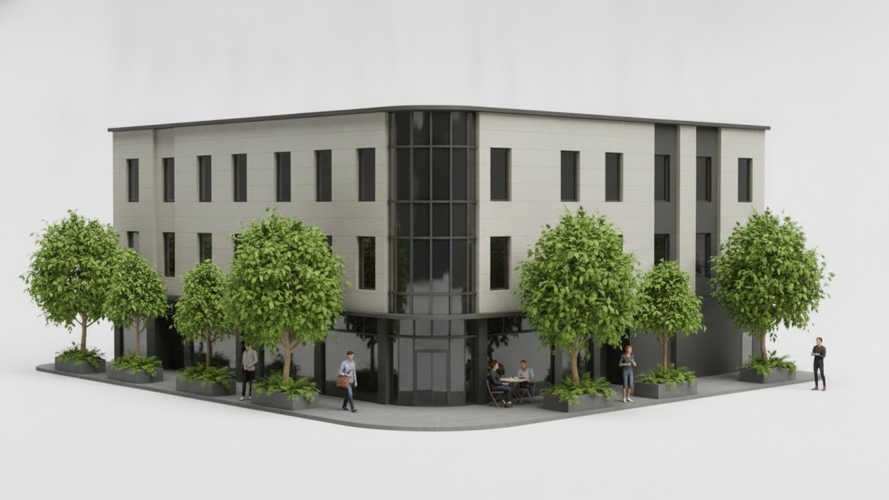 Real-time Enscape-style render of the building after an AI entourage pass: lush natural planting and believable people on the sidewalk, with the architecture left clean and unchanged.