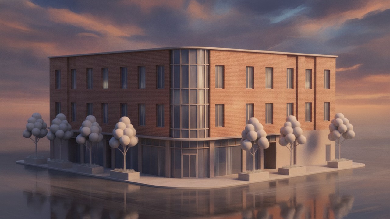 Atmospheric concept-stage illustration of the same building with a warm brick cladding option and a dramatic painterly sky, favouring mood over technical precision.