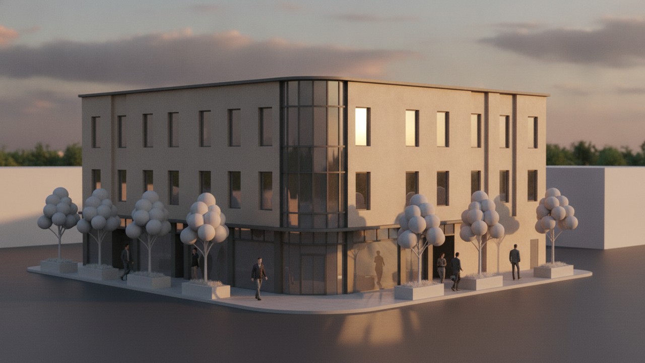 Photorealistic turnkey render of the corner building in warm late-afternoon light with believable glass and cladding, but a slightly generic stock sky and procedural-looking landscaping.
