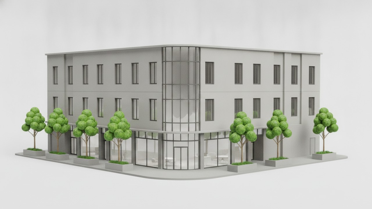 Crisp, geometry-locked studio render of the building with razor-sharp edges and neutral even daylight, every window and the glass corner matching the source model one-to-one.