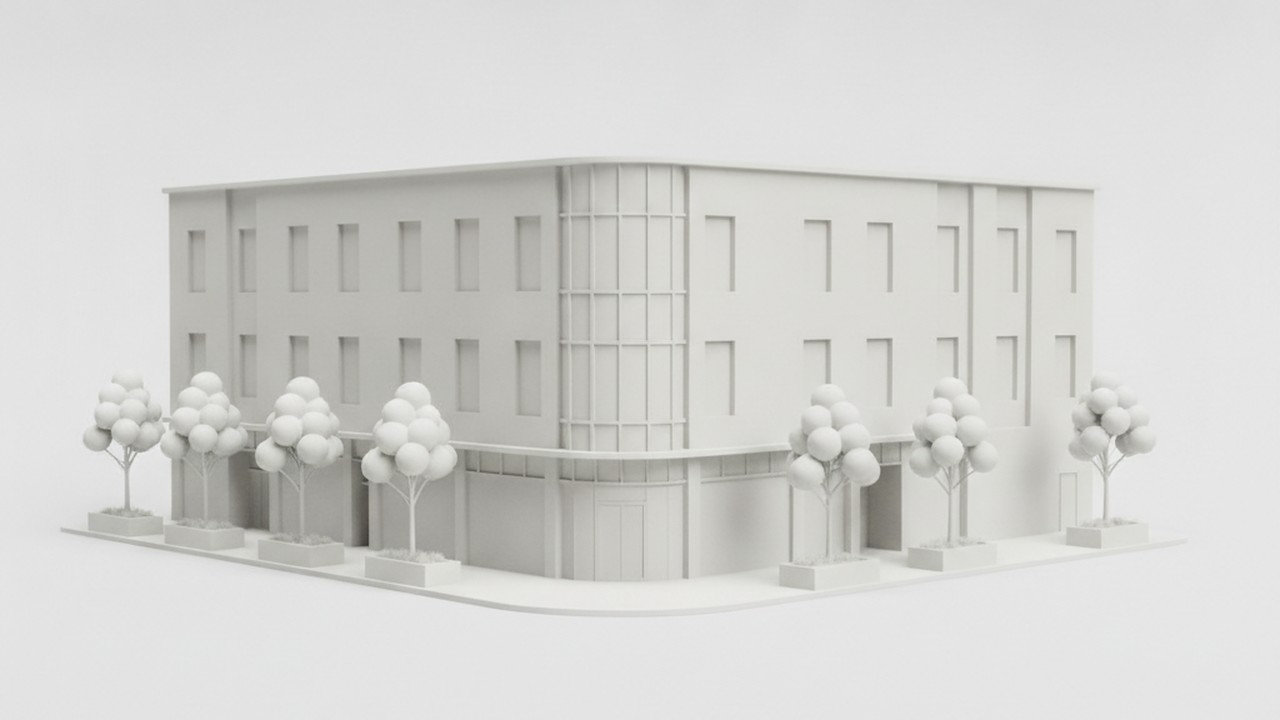 Untextured white clay massing model of a three-storey mixed-use corner building with a full-height glass corner, flat upper-floor cladding panels, a glazed ground floor, and a row of street trees along the sidewalk.